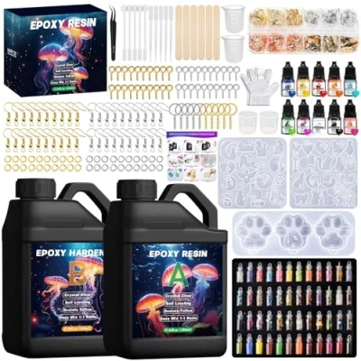 Image de UCAMP Resine Epoxy, 1020ml Epoxy Transparente, 1:1 Kit Résine Complet, avec Peinture, Bâton, Cuillère, Gants, Verre Doseur, Pince à épiler, Paillettes, pour La DIY Artisanale, Porte clés