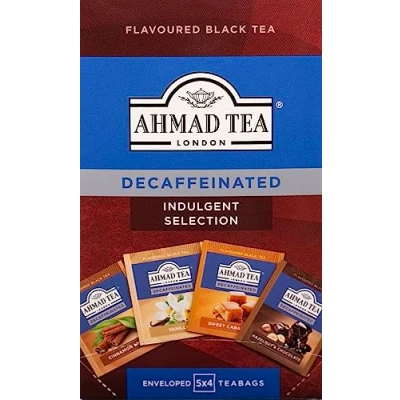 Image de Ahmad Tea Decaffeinated Indulgent Selection thé décaféiné Vanille, caramel doux, chocolat et noisette, épices à la cannelle 20 sachets de