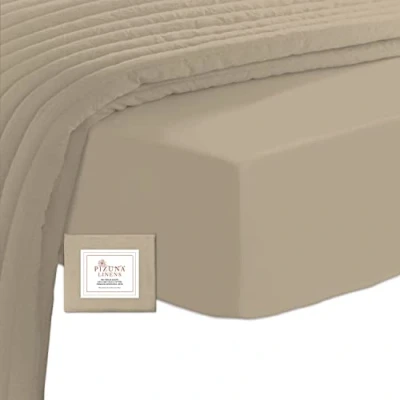 Image de Pizuna Coton Peigné Drap Housse 120X200 cm Simplement Taupe, 100% Longue Tige 400 Fils Armure Satin, de Luxe Bonnet 40 (Simplement Taupe 2 Personnes)
