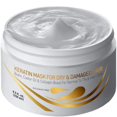 Image de Vitamins Kératine Masque Cheveux Secs et Abîmés Soin à Biotine, Collagène, Castor Oil Huile de Coco Après Shampoing Anti Frisottis pour Épais