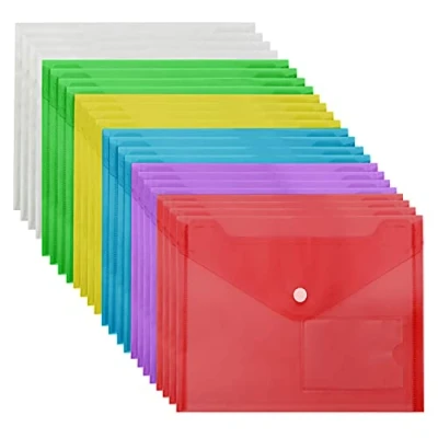 Image de Belle Vous Lot de 24 Porte Document A5 en Plastique Coloré Avec Bouton Fermoir et Carte Pochette Rangement Maison, Bureau Ecole pour Documents Enveloppes