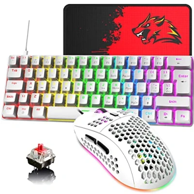 Image de clavier et souris de jeu filaires 60 % britanniques, mini mécanique compact, 19 touches anti ghosting rétroéclairées arc en ciel + 6 RVB 6400 DPI légère