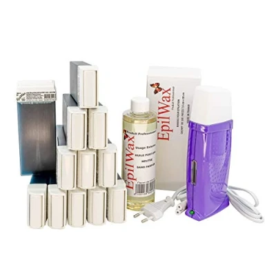 Image de EpilWax Kit Chauffe Cire Épilation Professionnelle avec 12 x Recharges Roll on à l’Azulène, 100 Bandes d&#039;Épilation et Huile après Gamme Royal