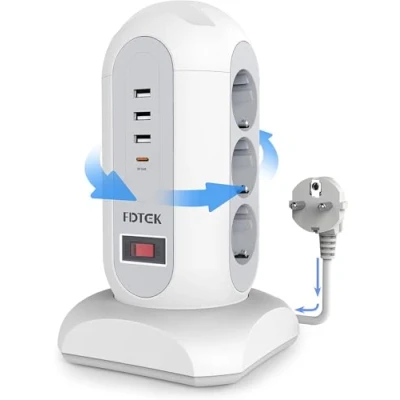 Image de FDTEK Multiprise avec Interrupteur de Protection Contre Les Surcharges 3 USB A et 1 C, Tour AVCE Rétractable Cordon 1,65m, 9 Prises (2500W/10A) pour Maison