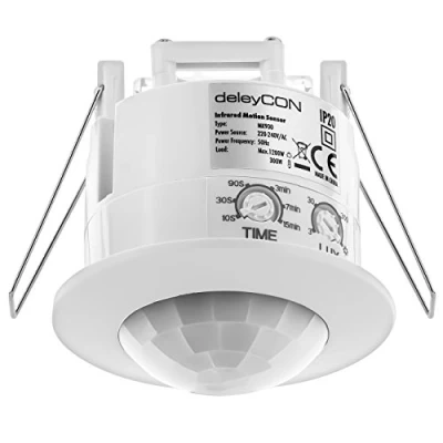 Image de deleyCON 1x Infrarouge Détecteur de Mouvement Encastré Montage au Plafond Intérieur Contrôle des Feux Zone Travail à 360 Portée 6m Capteur Lumière Intégré Blanc