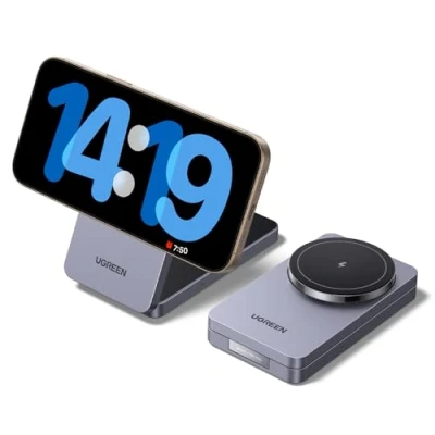 Image de UGREEN MagFlow 2 en 1 Chargeur Induction iPhone Qi 15W Compatible avec MagSafe 16 Plus Pro Max 15 14 13 12 AirPods 4 3 Stand Angle Réglable sans Fil Magnétique Pliable