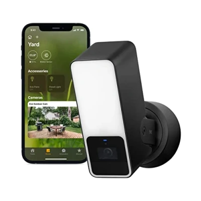Image de Eve Outdoor Cam caméra projecteur sécurisée, sécurité et confidentialité maximales (HomeKit Secure Video), 1080p, vision nocturne, Wi Fi (2,4 GHz), détecteur de mouvement