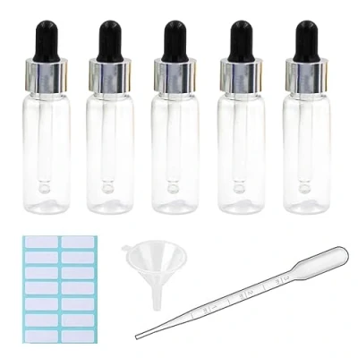 Image de Lot de 5 flacons compte gouttes en plastique transparent 20 ml pour pipette d&#039;huile essentielle rechargeable avec mesurée, entonnoir et étiquettes (noir + bouchon argenté)