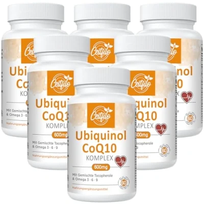 Image de Ubiquinol CoQ10 600 mg gélules softgel Forme active de plus vitamine E &amp; oméga 3 6 9 Antioxydant avancé coenzyme Q10 Complément alimentaire pour le cœur et cerveau (60 Count, Pack of 6)