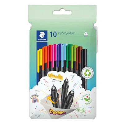 Image de STAEDTLER Fineliner triplus, forme triangulaire ergonomique, pointe super fine de 0,3 mm, longue durée vie, corps en polypropylène, mélange et match, 10 feutres fins dans un étui carton, 334 C10.
