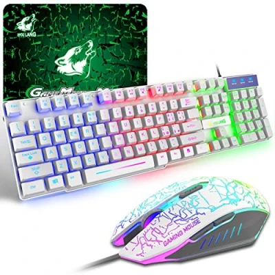 Image de Ensemble Clavier Souris Gaming, QWERTY Disposition Italienne Rétroéclairé Coloré LED Filaire 6 Boutons 2400DPI Tapis de Souris, Compatible avec Windows, Mac OS, PS4, Xbox Blanc