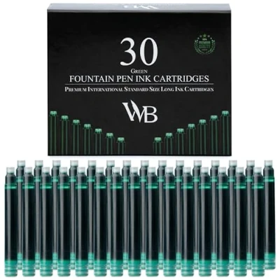 Image de Wordsworth &amp; Black Recharges D&#039;encre Pour Stylo Plume Lot De 30 Cartouches Verte Taille Standard Internationale Longueur Appr 2,04 Pouces Diamètre La Base 0,24 Pouce Jetable