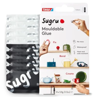 Image de Sugru by tesa Pâte Fixante Polyvalente à Modeler en Lot de 8 x 3.5 g Durcissante Adhésive pour Décorer, Coller, Réparer, et Bricolage Créatif Noir Blanc