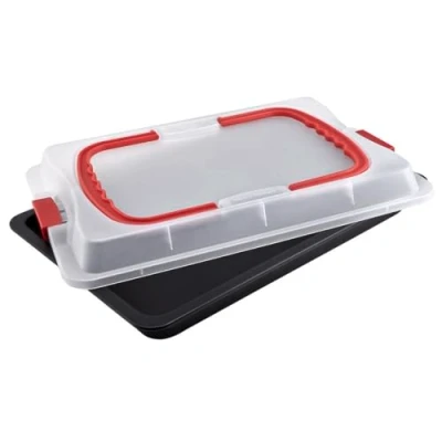 Image de Dr. Oetker Bake &amp; Go , plat à pâtisserie avec cloche de transport, Plaque cuisson en Acier inoxydable et son couvercle plastique, 42 x 29 4 cm, Noir 2