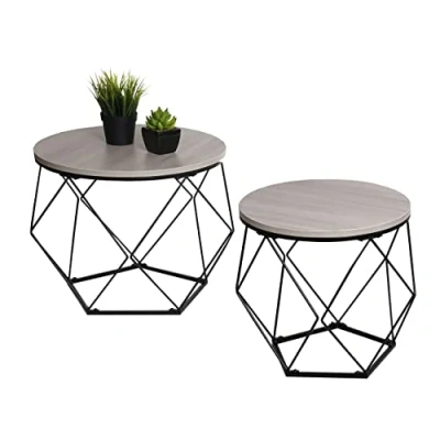 Image de Ensemble de Tables Basses HWC L37, Table Basse d&#039;appoint Salon, métal Bois Aspect chêne Gris