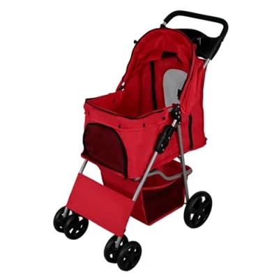 Image de Poussette Rouge pour Chien Chat Animaux de Compagnie Jusqu&#039;à 15KG Pliable Acier Robuste Compacte Panier &amp; Porte Gobelet Roues Tout Terrain [Mousqueton Sécurité Housse Pluie INCLUS]