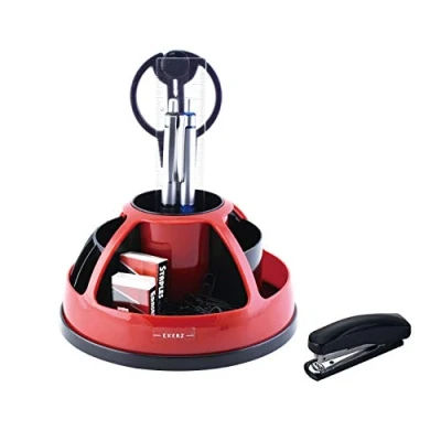 Image de EXERZ Organisateur Bureau/Pot à Stylo Rotatif pivotant avec Ensemble de Papeterie Ciseaux, Agrafeuse, Staples, Règle, Gomme Effacer Inclus Bureau Ranger/Papeterie Organizer (Rouge)