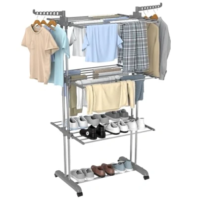 Image de Innotic Etendoir Linge Intérieur et Extérieur, 4 Niveaux Séchoirs à Pliable Extensible Peu Encombrant, Grande Capacité Seche avec Roues, Acier Inoxydable, 172cm, Gris