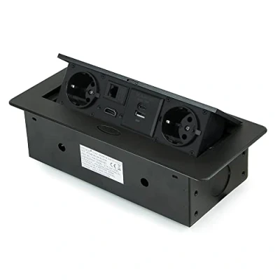 Image de Emuca Bloc multiprise escamotable pour encastrer au Bureau, Plan de Travail (Prise EU Type F, USB A+C, RJ45 et HDMI), 265x120mm, Peint en Noir