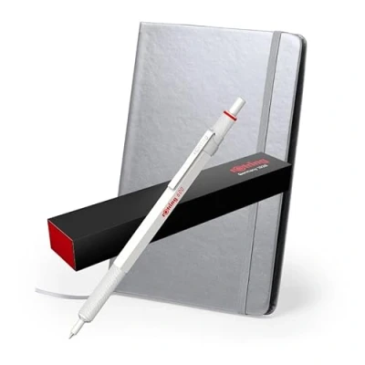 Image de rOtring Stylo à bille métallique 600 + carnet Pointe moyenne Corps blanc nacré avec poignée moletée antidérapante Rechargeable