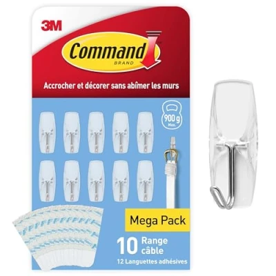 Image de Command Crochets Transparents avec Pointe Métal, Moyen Modèle, 10 Crochets, 12 Languettes Accrochage Sans Dommage