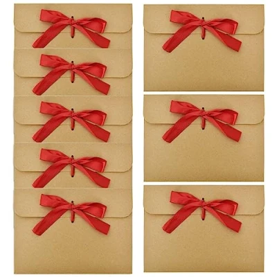 Image de 50 Pièces Cadeau Enveloppes, Enveloppes Rétro en Papier Kraft, Enveloppe Avec Rubans, DIY Carte Kraft Enveloppe, pour Invitations Faites à la Main, Mariage, Noël (le bordeaux rubans)
