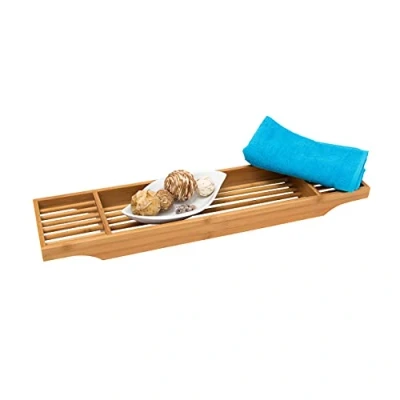 Image de Relaxdays Pont de baignoire en bambou HxlxP : 5,5 x 70 16,5 cm avec 3 compartiments pour le savon, crème bougie ou verre, nature