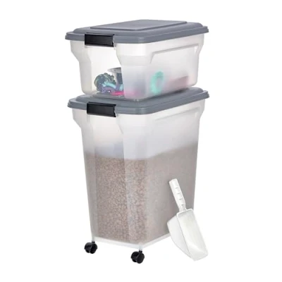Image de Iris Ohyama, Boite Croquette Chien Hermetique à Roulettes, 45L+20L / 22.5kg, Gris, Couvercle Rabat avec Joint Etanche, Plastique, pour Chien, Chat, Friandises, Conteneur Croquettes, sans BPA, ATS C