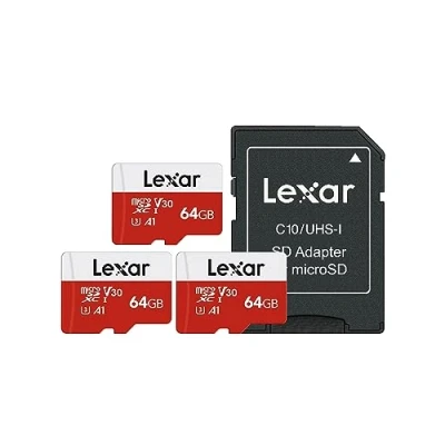 Image de Lexar Carte Micro SD 64 Go Lot de 3 Cartes, Mémoire SD+ Adaptateur, Microsdxc TF jusqu&#039;à 100 Mo/s, A1, U3, C10, V30, Full HD et 4K UHD pour Caméra, Telephone