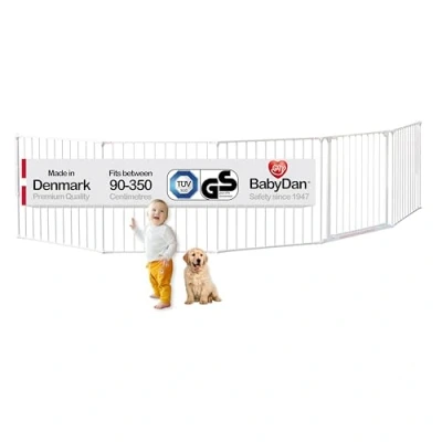 Image de BabyDan Flex XXL, 90 350 cm, Barrière de sécurité/Barrière d&#039;escalier/Séparation pièce, Blanche, fabriquée en Danemark pour bébés (Barrière chiens/Parc chiens)