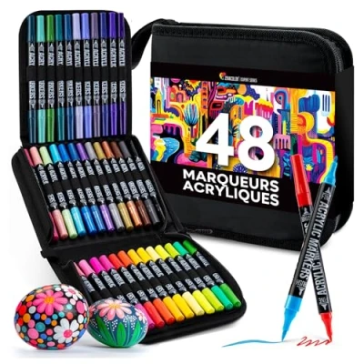 Image de Zenacolor Feutre Acrylique à Double Pointe (Pointes Fines et Pinceau) 48 Couleurs Uniques de Marqueur pour Diverses Surfaces Œuvres d&#039;Art Feutres Peinture Pochette Inclue