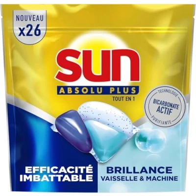 Image de SUN Absolu Plus Pastilles Lave Vaisselle Tout en 1 Bicarbonate Actif 26 Capsules brillance tablettes imbattables sur les taches tenaces