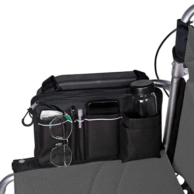 Image de Sac latéral pour fauteuil roulant, poche double face accoudoir avec porte gobelet et bande réfléchissante, convient à la plupart des fauteuils roulants, déambulateurs ou