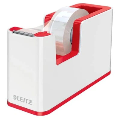 Image de Leitz WOW Dévidoir à Scotch, avec Base Lestée Antidérapante &amp; Rouleau d&#039;Adhésif Inclus, Coloris Blanc/Rouge (53641026)