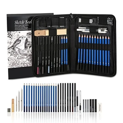 Image de 41PCS crayons Croquis (avec 1 Carnet à Dessin), Dessin de Fusain Graphite Comprenant Bâtonnets, Couteau, Extenseur, Taille et Pochette Transport