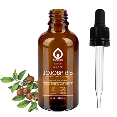 Image de Purespa HUILE JOJOBA BIO 100% Pure Naturelle Pressée à Froid Certifié Cosmos ECOCERT Cils Sourcils Corps Cheveux Barbe Ongles Pipette + Bouteille Verre (50 ml)