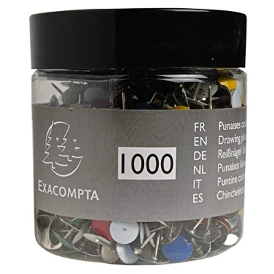 Image de Exacompta Réf. 14767E Boîte de 1000 punaises Hauteur la pointe 9 mm Diamètre Pour fixer cartes, photos, posters, documents, cadres, guirlandes 5 couleurs assorties