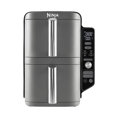 Image de Ninja Double Stack XL friteuse sans huile, verticale à 2 tiroirs, 4 niveaux cuisson, tiroirs et grilles, design compact, capacité de 9,5L, 6 fonctions 8 portions, gris SL400EU