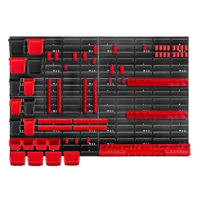 Image de KADAX Étagère murale d&#039;atelier, 116 x 78 cm, système de stockage en plastique robuste, étagère d&#039;atelier résistante aux UV, plaques murales extensibles, pour garage, (rouge, 61 pièces)