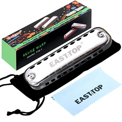 Image de EAST TOP Harmonica Junior, Bord Arrondi en Douceur 10 Trous C Key Blues Orgue à Bouche pour Enfants et comme Cadeau, avec Pochette Tissu, Boîte Colorée, Noir