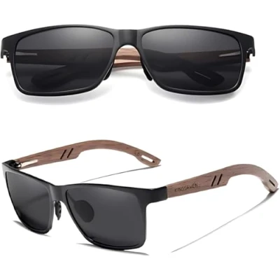 Image de KINGSEVEN Lunettes de soleil en bois pour homme et femme Unisexe Fabriquées à la main Avec branches noyer Protection UV400 Verres miroir tendance Noir, Orange