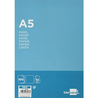 Image de Liderpapel 928228 Papier Écriture A5 80g/m2 Ramette Lot de 100 Blanc