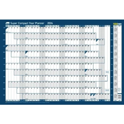 Image de Sasco mini planificateur mural annuel 2024 super compact, tableau blanc en papier, calendrier effaçable à sec avec stylo et autocollants,