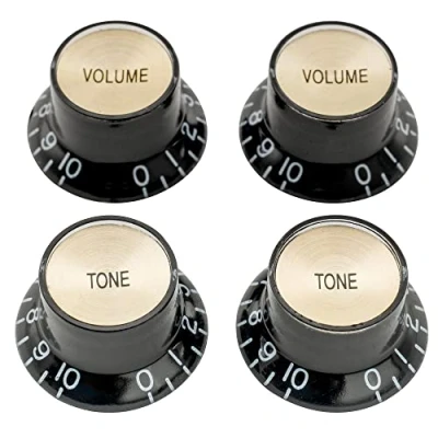 Image de Musiclily Pro Métrique 18 Splines Boutons Top Hat Reflector 2 Volume Tone Knobs pour l&#039;Asie Import Guitare Basse Split Shaft Pots, Noir avec Sommet Doré