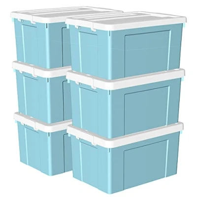 Image de Cetomo 90L*6 Boîte de rangement en plastique, fourre tout, Récipient d&#039;organisation avec couvercle durable et boucles verrouillage sécurisées, Empilable emboîtable, Lot 6, Bleu boucle