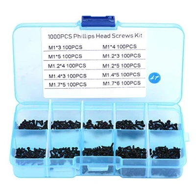 Image de 1000 Pièces Micro Vis à Tête Cruciforme, M1 M1.2 M1.4 M1.7 Kit D&#039;assortiment de Autotaraudeuses Cylindrique Entraînement Croisé Polyvalent