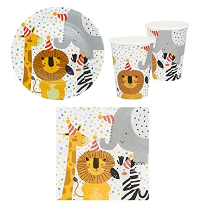 Image de Boland Set de vaisselle fête safari avec gobelets en carton, assiettes, serviettes, décoration, anniversaire, des enfants, animaux
