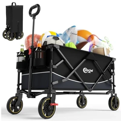 Image de PORTAL Chariot de Plage Pliable, Transport à roulettes Tout Terrain Poignée Réglable Charrette pour Extérieur Camping Pique Nique avec Jusqu’à 120KG Noir