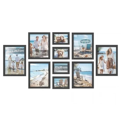 Image de SONGMICS Cadres Photo, Lot de 10, Deux A4, Quatre 20 x 25 cm, 10 15 Protection en Plastique, MDF, Noir d&#039;Encre RPF311B01
