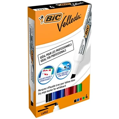 Image de VELLEDA Lot de 12 Packs 4 Feutres tableau blanc effaçable à sec 1791 Pte Biseau Large N/B/R/V